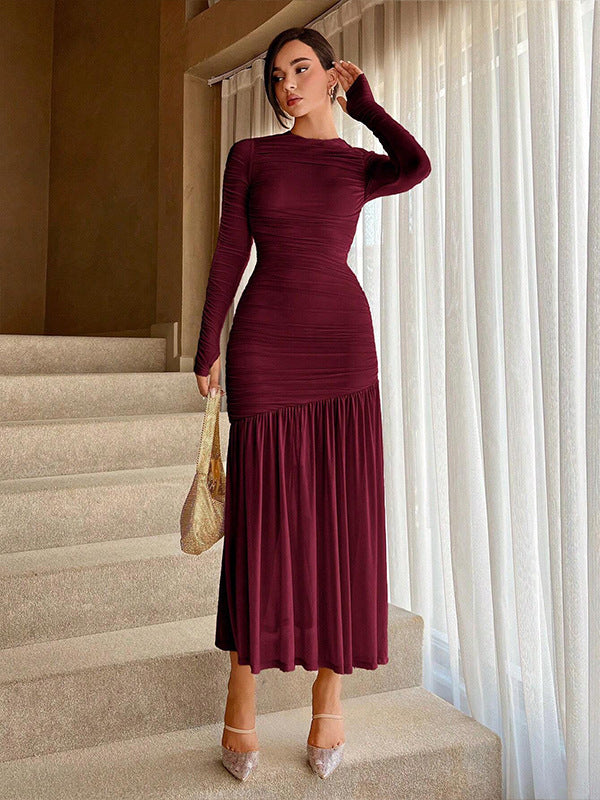 Elegant Lace Ruffle Crew-Neck Solid Color Dress