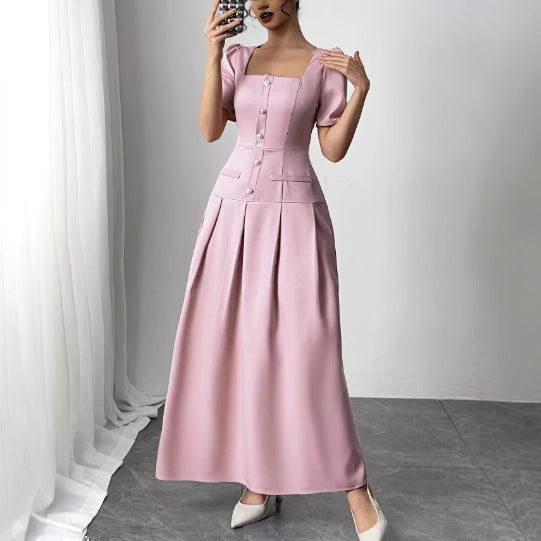 Slimming Square Neckline Dress With Puff Sleeves