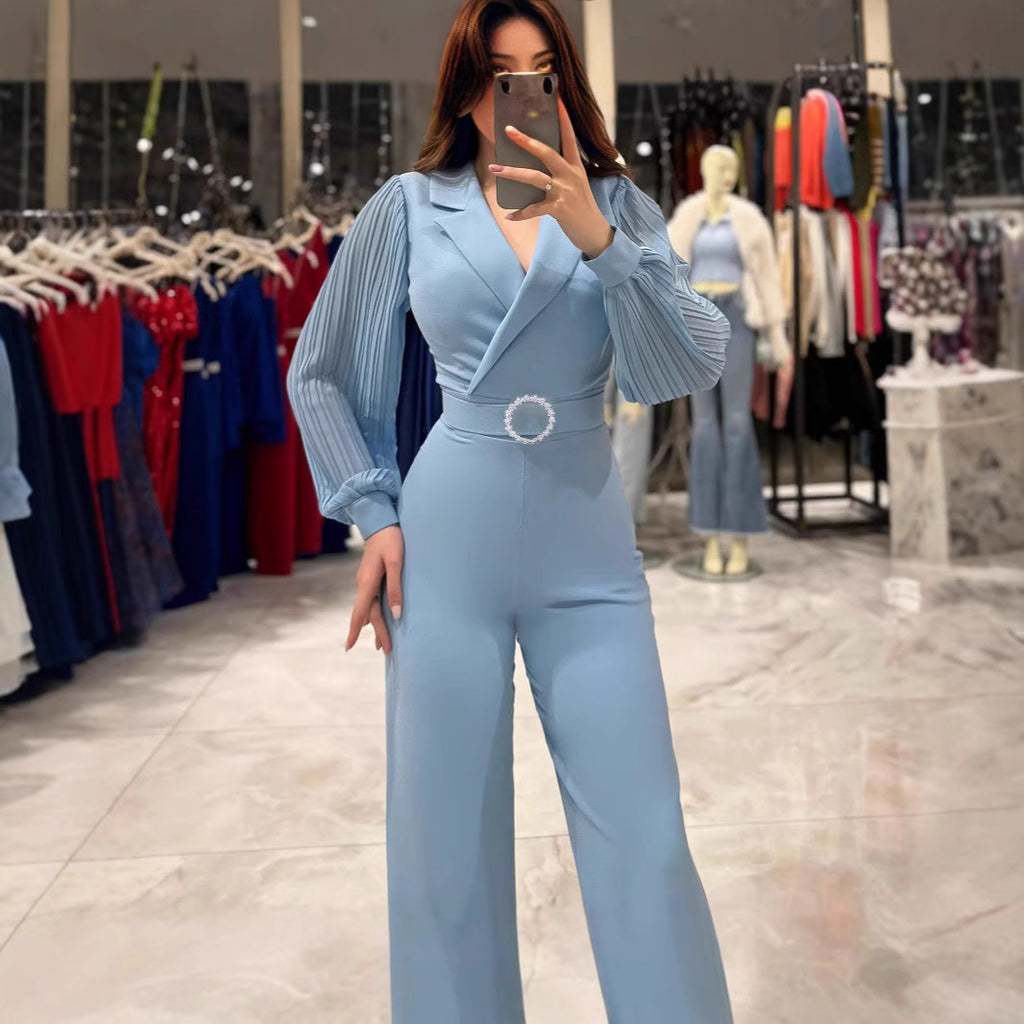 Fitted Jumpsuit With Pleated Long Sleeves And A Blazer Collar