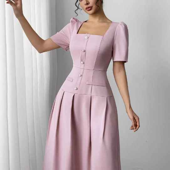 Slimming Square Neckline Dress With Puff Sleeves
