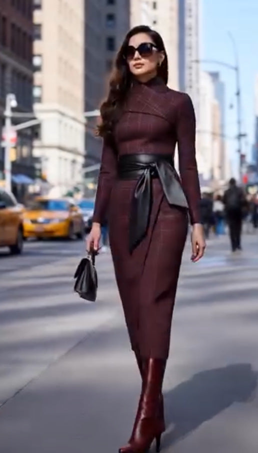 Womens Stylish Sophisticated Wide-waisted Belted Dress